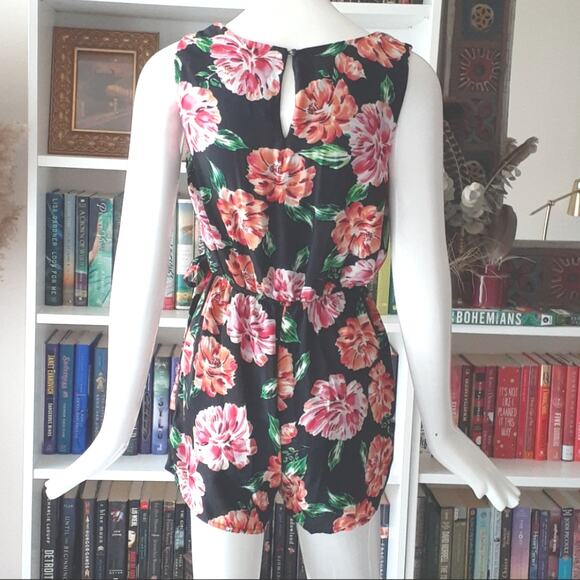 AS U WISH Romper Large Black Orange Pink Floral Tropical Ruffled V-Neck Flirty - Picture 2 of 10